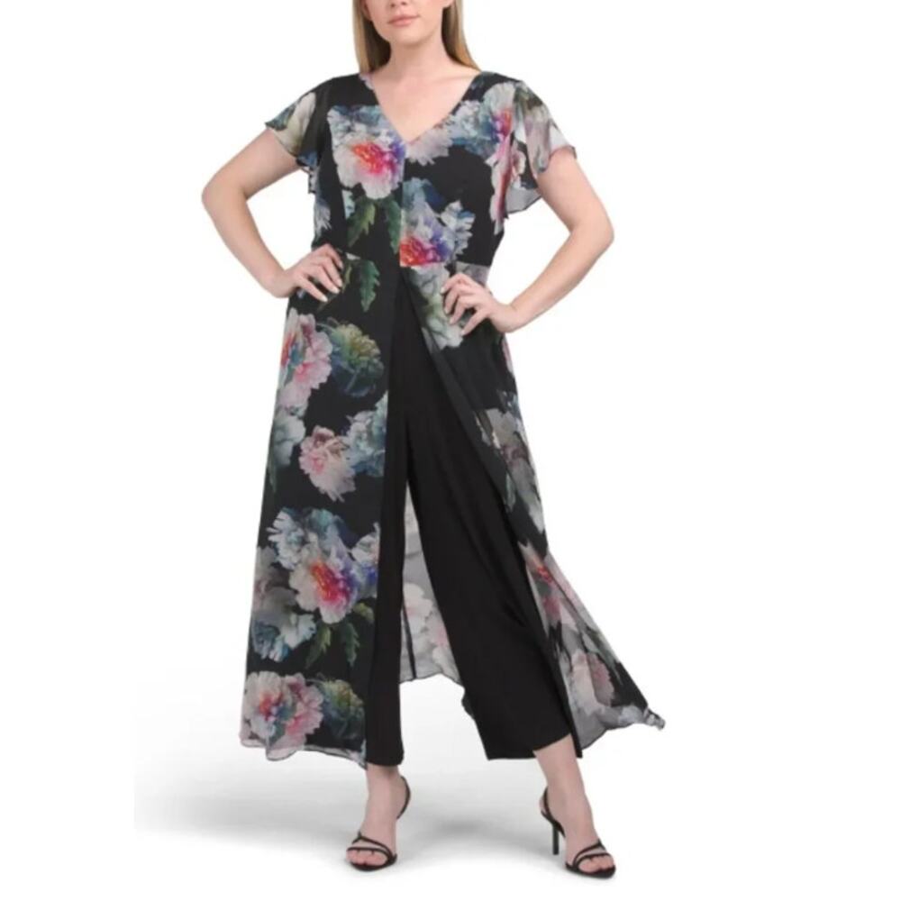 Adrianna Papell Floral Wide Leg Jumpsuit Flutter Sleeve Formal Maxi Dress Black - Picture 2 of 14